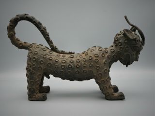 Antique Benin Bronze Figure Of A Standing Royal Leopard,  West Africa - 19th C