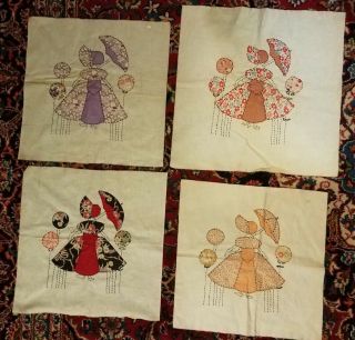 4 Vintage Hand - Embroidered Sunbonnet Girl With Umbrella Quilt Squares 17 " ×17 "