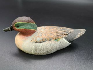 Green - Winged Teal Drake - Miniature Duck Decoy By S.  Leonard