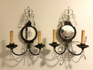 Pair Antique Bronze Ebony Crystal E.  F Caldwell Mirrored Wall Sconces 15” Cherub