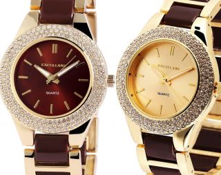 Damenuhr Quarz Armbanduhr Gold Braun Kristallbesatz Bling Luxus In 2 Varianten