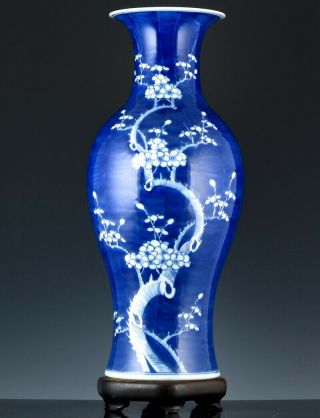 Very Large 19thc Chinese Blue & White Prunus Blossom Porcelain Landscape Vase