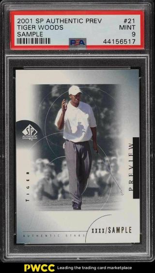 2001 Sp Authentic Preview Sample Tiger Woods Rookie Rc 21 Psa 9