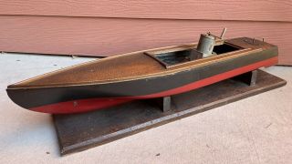 Antique Vintage H.  E.  Boucher 30” Wind Up Wooden Toy Speed Boat