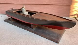 Antique Vintage H.  E.  Boucher 30” Wind Up Wooden Toy Speed Boat 2