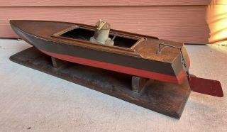 Antique Vintage H.  E.  Boucher 30” Wind Up Wooden Toy Speed Boat 4
