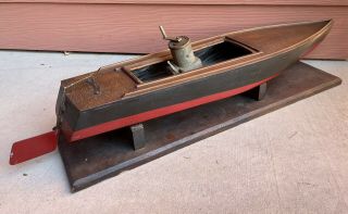 Antique Vintage H.  E.  Boucher 30” Wind Up Wooden Toy Speed Boat 5