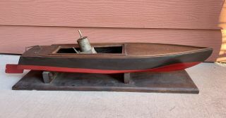 Antique Vintage H.  E.  Boucher 30” Wind Up Wooden Toy Speed Boat 6
