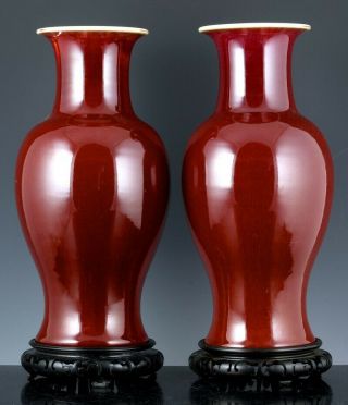 PAIR LARGE ANTIQUE CHINESE LANGYAO RED FLAMBE SANG DE BOEUF PORCELAIN VASES 2