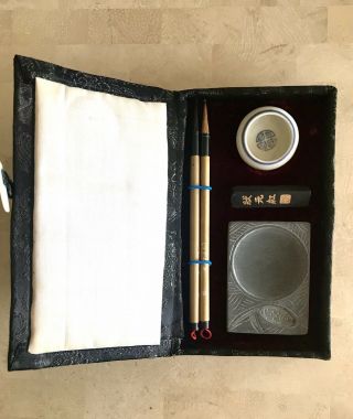 Vintage Japanese Calligraphy Box Set With 2 Pens Porcelain Pot Carved Dish Stone