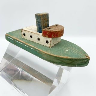 Vintage Folk Art Wood Toy Boat - Authentic Hand Painted Homemade Wooden