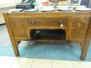 Antique Arts & Crafts Mission Oak Desk With Bookshelf Ends & Ink Well In Drawer
