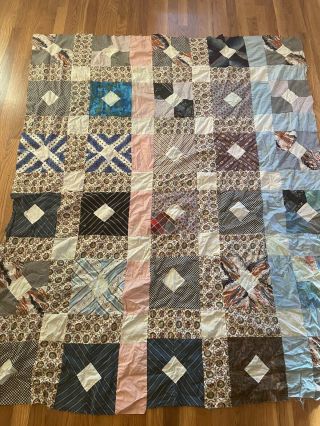 Vintage Handmade Diamonds Or Improved Nine Patch Quilt Top - 74” X 59” - Brown Blues