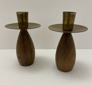 Mid Century Modern Style Candle Sticks 2 Wood Brass Mcm Danish Atomic Vintage