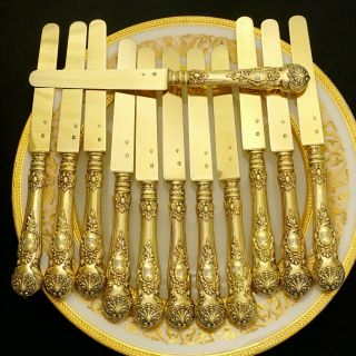 Antique French Sterling Silver Gold Vermeil Knives Set,  Knifes Ornate Handles