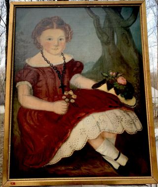 Antique Oil Painting Little Girl Child Holding Posy Portrait Folk Art