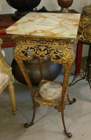 Antique Bronze And Onyx Pedestal Plant Stand Table Victorian Art Nouveau