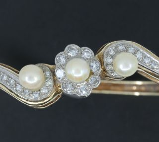 Antique 14k Gold And Diamond And Pearl Hinged Bangle Bracelet