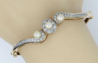 Antique 14K Gold and Diamond and Pearl Hinged Bangle Bracelet 2