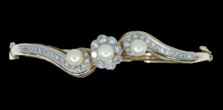 Antique 14K Gold and Diamond and Pearl Hinged Bangle Bracelet 3