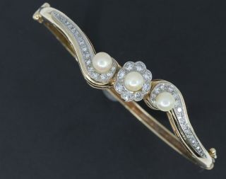 Antique 14K Gold and Diamond and Pearl Hinged Bangle Bracelet 4
