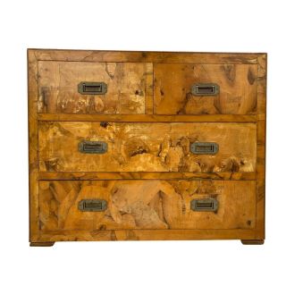 Mid Century Italian Olive Wood Patch Burl Campaign Chest Of Drawers