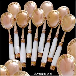 Piault French Sterling Silver,  18k Gold & Mother - Of - Pearl Ice Cream Spoons Set