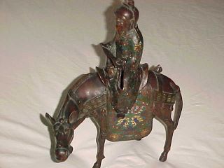 Antique Japanese Meiji Era Bronze Champleve Enamel Censer Incense Scholar Horse