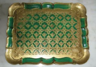 Vintage Italian Florentine Gilt Tole Wood Tray Green Gold Lg 12.  5 " X 10 " Sh