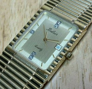 Vintage Belair Men Gold Tone Diamond Rectangle Analog Quartz Watch Hour Batt