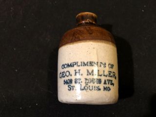 Vintage Geo.  H.  Miller Complimentary Mini Stoneware Whiskey Jug St.  Louis,  Mo 3.  5”