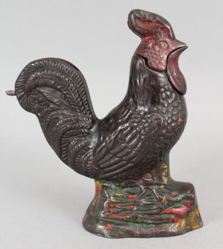 19thc Antique Kyser & Rex Mechanical Painted Cast Iron Rooster Bank,