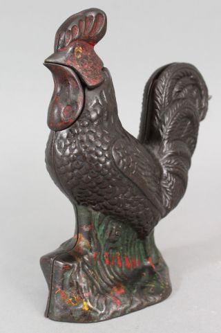 19thC Antique KYSER & REX Mechanical Painted Cast Iron ROOSTER Bank, 3