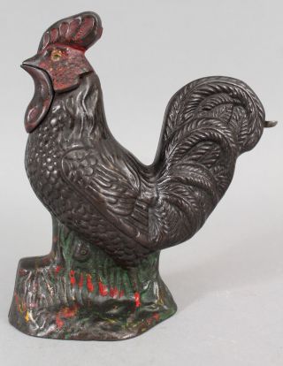 19thC Antique KYSER & REX Mechanical Painted Cast Iron ROOSTER Bank, 4