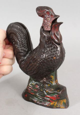 19thC Antique KYSER & REX Mechanical Painted Cast Iron ROOSTER Bank, 6
