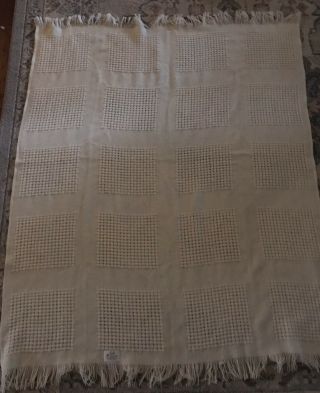 Faribo 100 Wool Throw,  Vintage,  Fringed,  Creme Color,  Open Weave,  Made In Usa