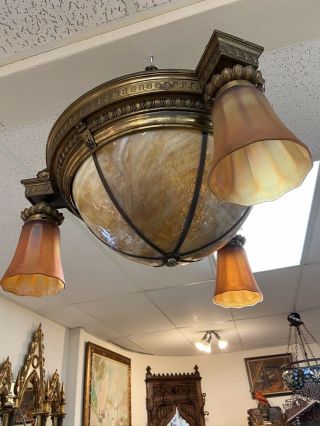 Exceptional Antique Bronze Slag Glass Chandelier With Three Art Glass Shades