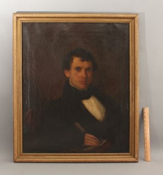 19thc Antique 1830s American Portrait Oil Painting,  Man W/ Quill Pen
