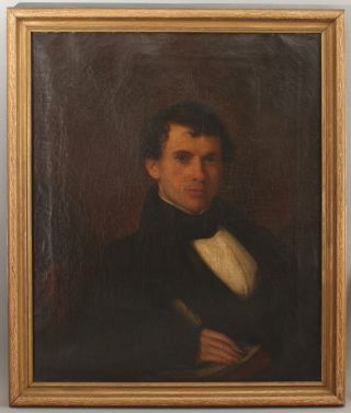 19thC Antique 1830s American Portrait Oil Painting,  Man w/ Quill Pen 2
