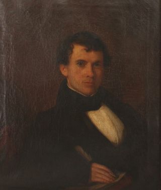 19thC Antique 1830s American Portrait Oil Painting,  Man w/ Quill Pen 3
