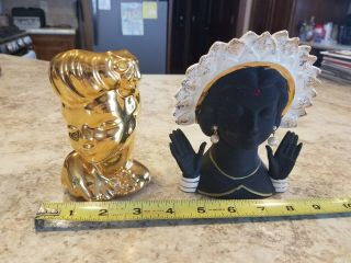 2 Vintage Lady Head Vases.  Rare Napco 1956 C2635a Black & Small Gold Plated