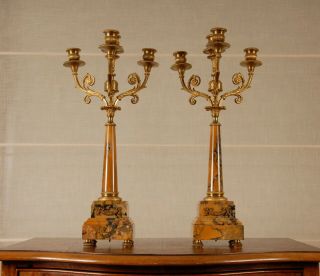 A Pair Antique French Sienna Marble And Gilded Bronze Candelabra Empire 19th C