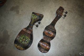 Large Vtg Mcm Witco Tiki Wood Carved Guitar Instrument Pair Sculpture 50 