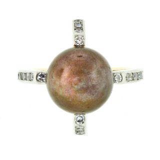Antique Edwardian Platinum & 18k Gold Brown Tahitian Pearl Old Diamond Claw Ring
