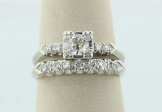 Antique Art Deco 14k White Gold Diamond Engagement Ring & Wedding Band Set Sz 7