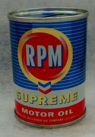 Vintage Chevron Rpm Supreme Motor Oil 3” Tin Advertising Coin Bank 1950 