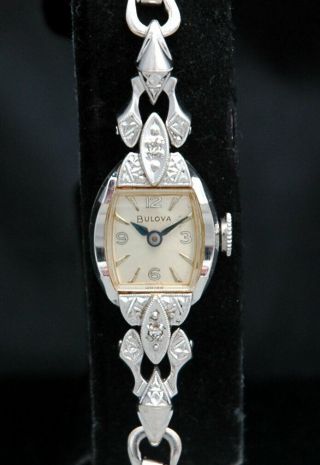 Bulova Solid 14k White Gold Diamond Ladies Watch Windup 17 Jewels 5ah Vtg Runs