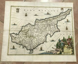 Cyprus 1686 Dapper Olfert Unusual Antique Engraved Map 17th Century