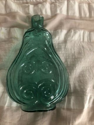 Quart Size Scroll Flask Antique Glass Bottle Green Coloration Iron Pontil