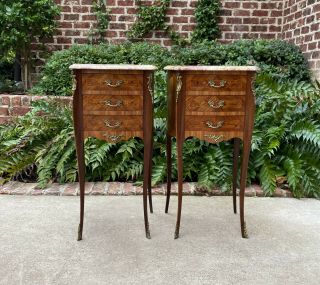 Antique French Pair Side Cabinets Nightstands End Tables Marble Top Louis Xv